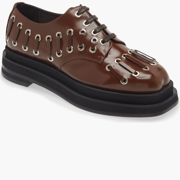 Simone Rocha Brown Leather Oxford with Silver Eyelets - Picture 1 of 8